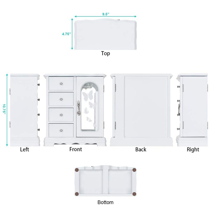 RR ROUND RICH DESIGN Jewelry Box - Made of Solid Wood with 4 Drawers Organizer and Built-in Necklace Carousel and Large Mirror White - Image 4